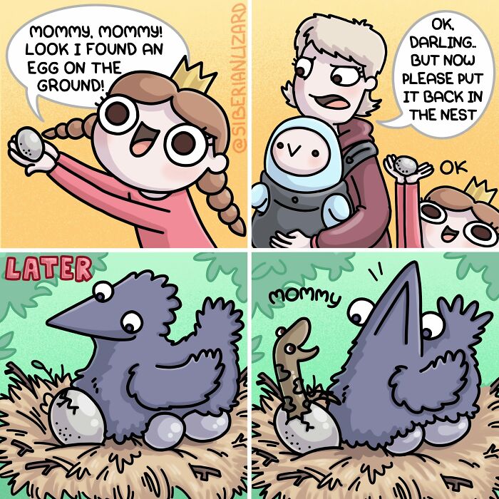 A Siberian girl comic showing a funny situation where a girl finds an egg and puts it back, resulting in a baby dinosaur.