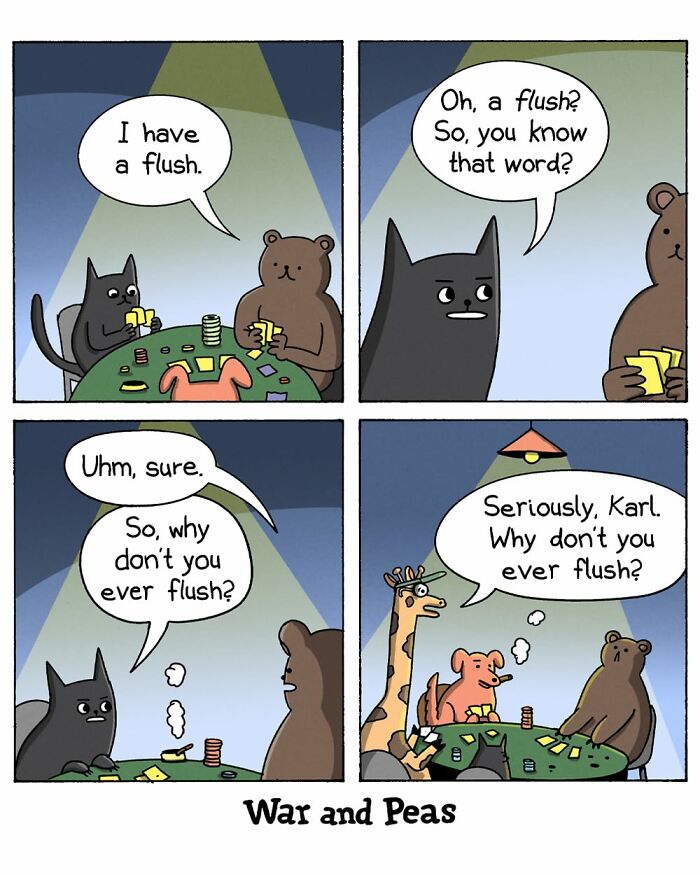 War and Peas comic with animals playing poker and discussing flushing.