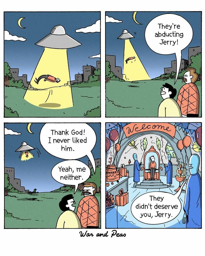 War and Peas comic depicting alien abduction and humorous farewell to Jerry