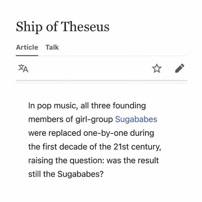 Ship of Theseus pop music example with Sugababes band member replacements