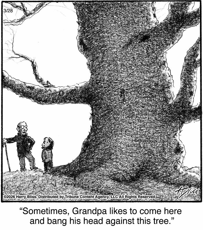 A New Yorker magazine cartoon of a boy and a grandpa next to a large tree, with the caption about hitting heads.