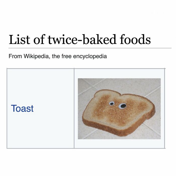List of twice-baked foods featuring toast with googly eyes