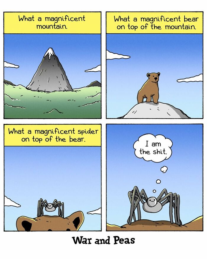 War and Peas comic featuring a mountain, bear, and confident spider