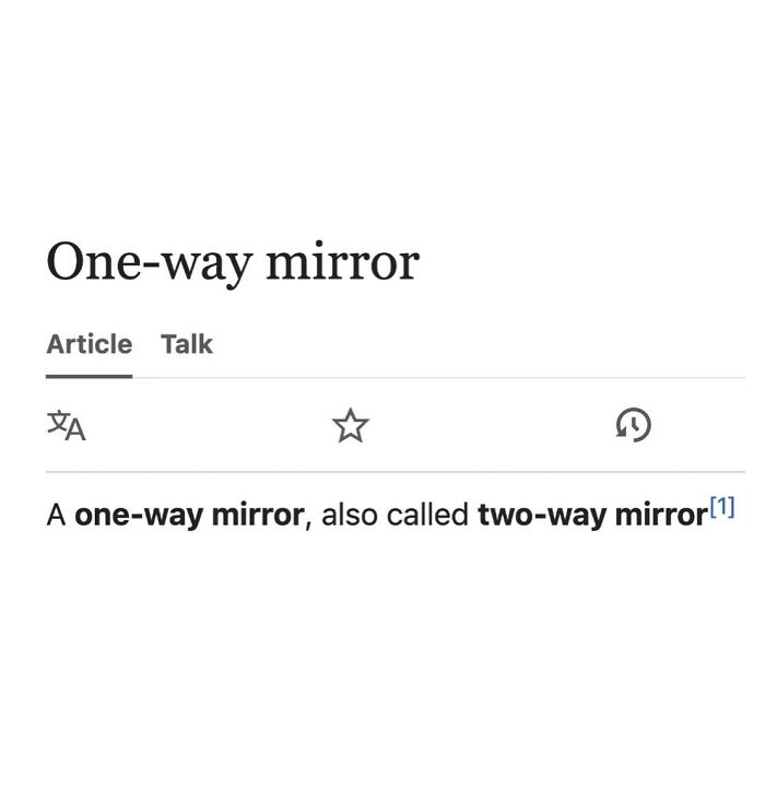 Wikipedia snippet explaining one-way mirror and two-way mirror