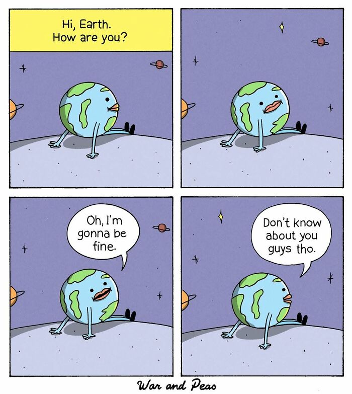 War and Peas comic with planet Earth talking about its condition