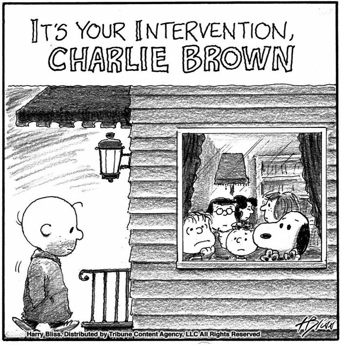 A New Yorker Magazine cartoonist's clever one-panel comic shows Charlie Brown facing an intervention from his friends.