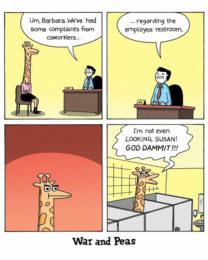 War and Peas comic showing giraffe questioned about employee restroom complaints