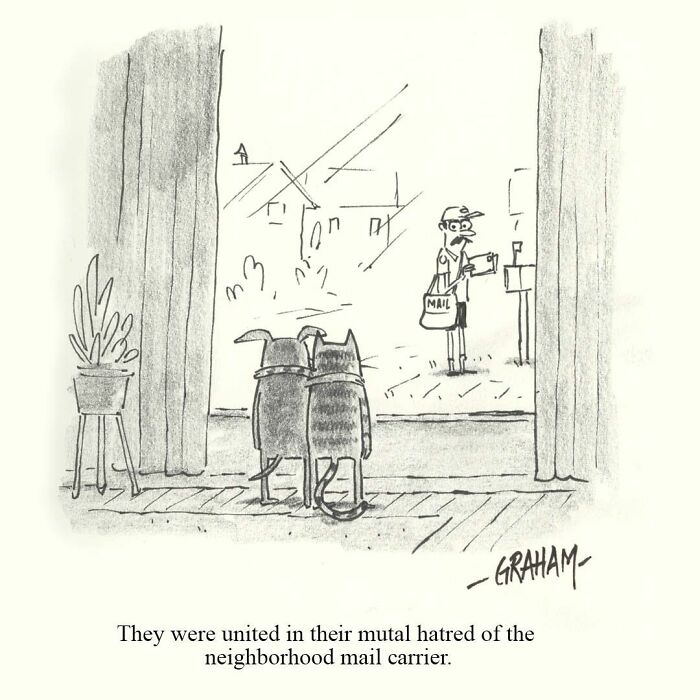 Cartoon of a dog and cat united in dislike of the neighborhood mail carrier