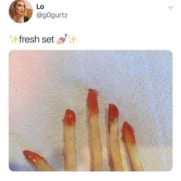 French fries with ketchup tips labeled as fresh set nail art meme