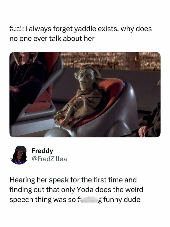 A meme with a Star Wars character Yaddle for pop culture posts and instant good vibes.