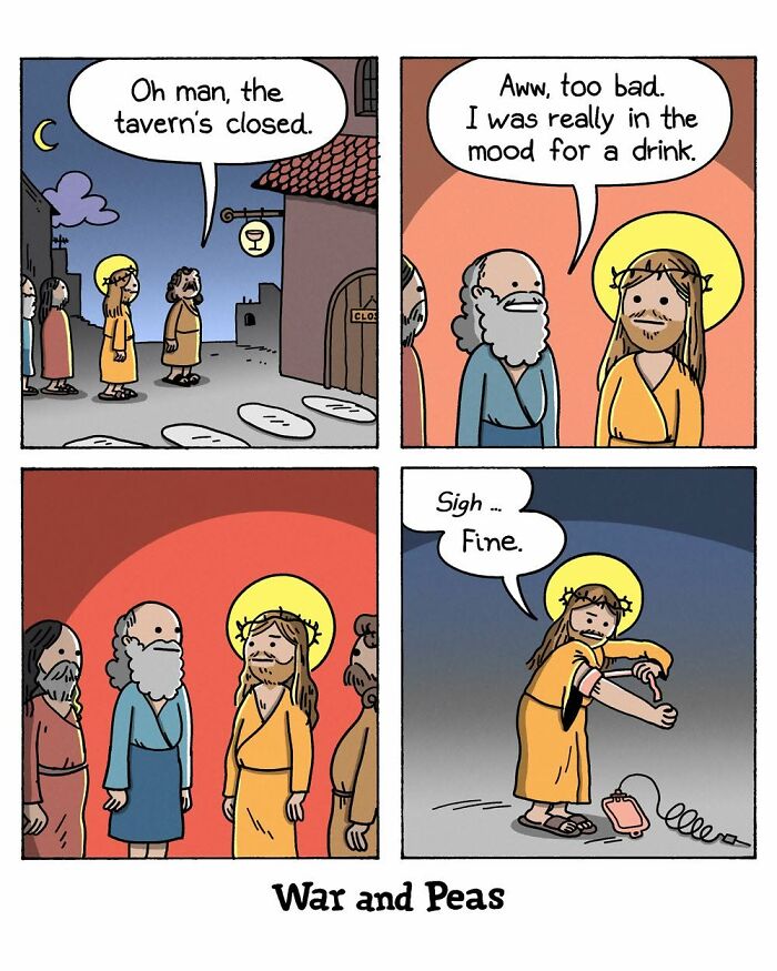 War and Peas comic showing Jesus disappointed by a closed tavern