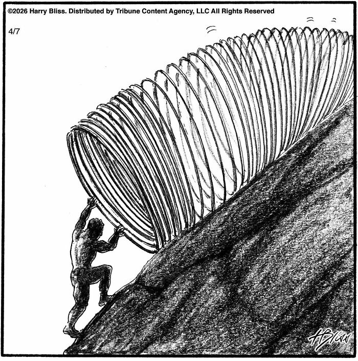 A New Yorker Magazine cartoonist's clever one-panel comic features a man struggling to push a giant Slinky up a hill.