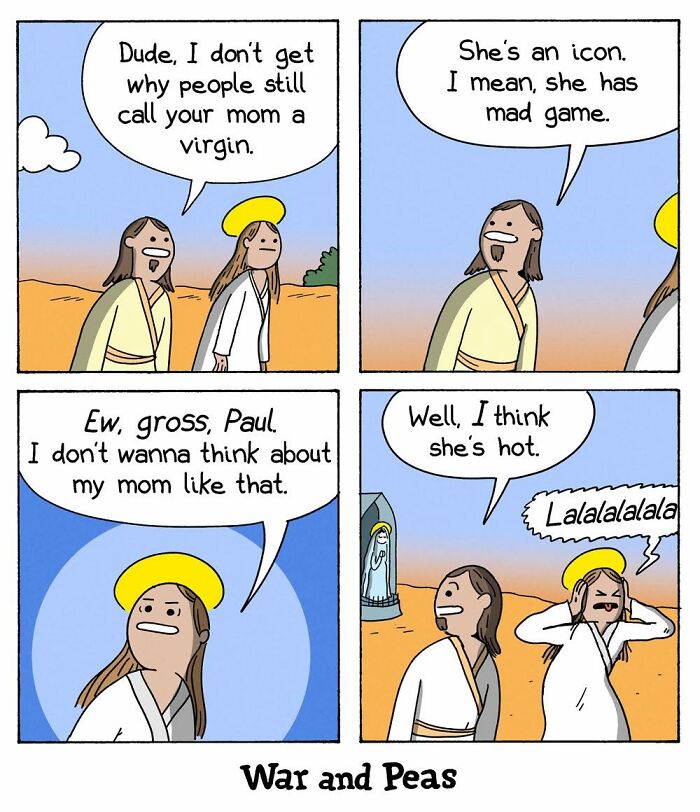 War and Peas comic about misunderstanding a mom called a virgin.