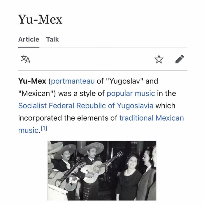 Yu-Mex Wikipedia page highlighting Yugoslav-Mexican music style with vintage musicians photo