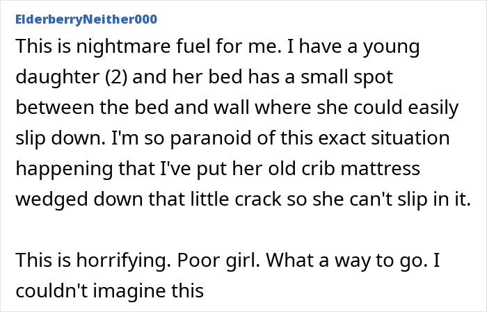 Comment expressing fear of child slipping between bed and wall, related to missing girl incident