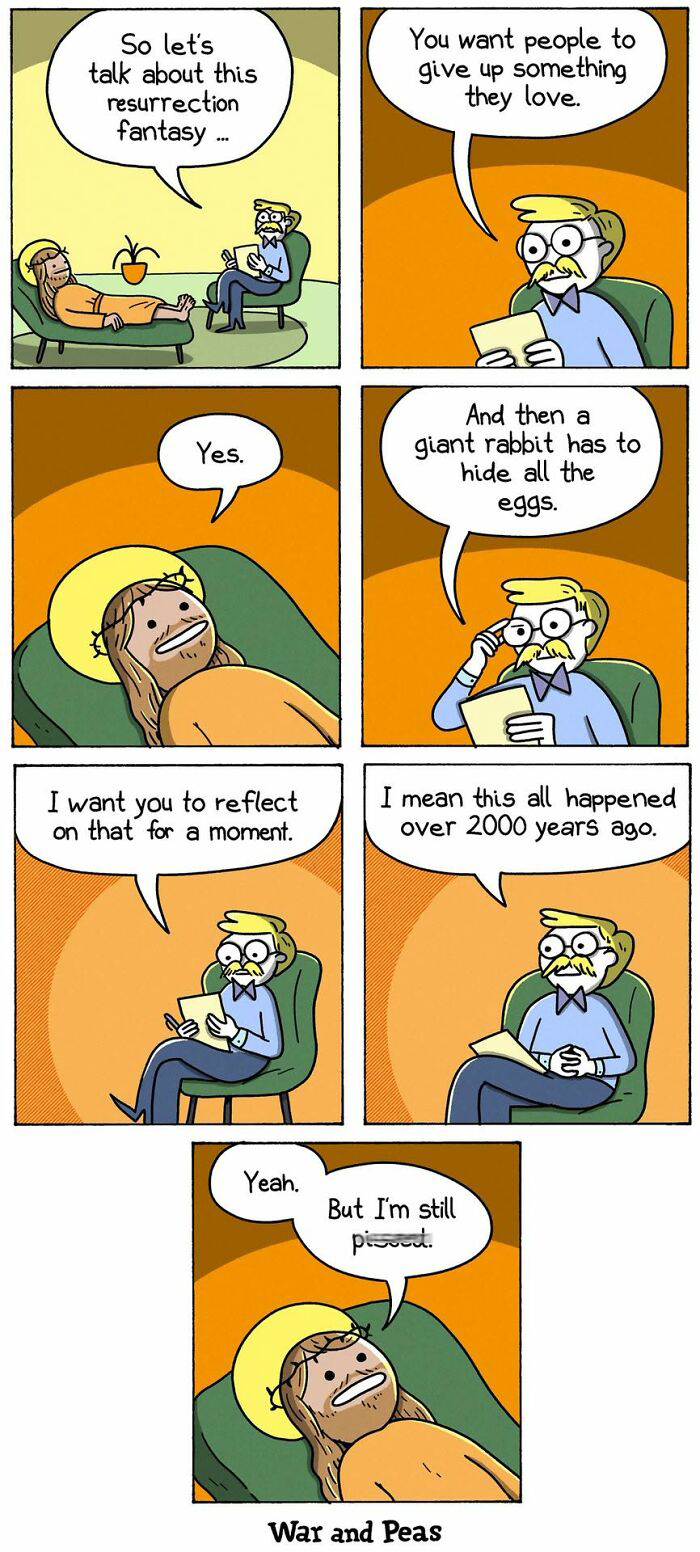 War and Peas comic discussing resurrection fantasy with a therapist