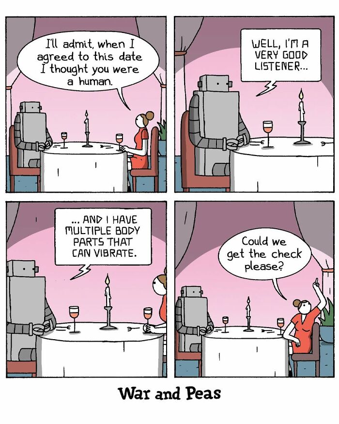 War and Peas comic featuring a robot on a date revealing its vibrating parts