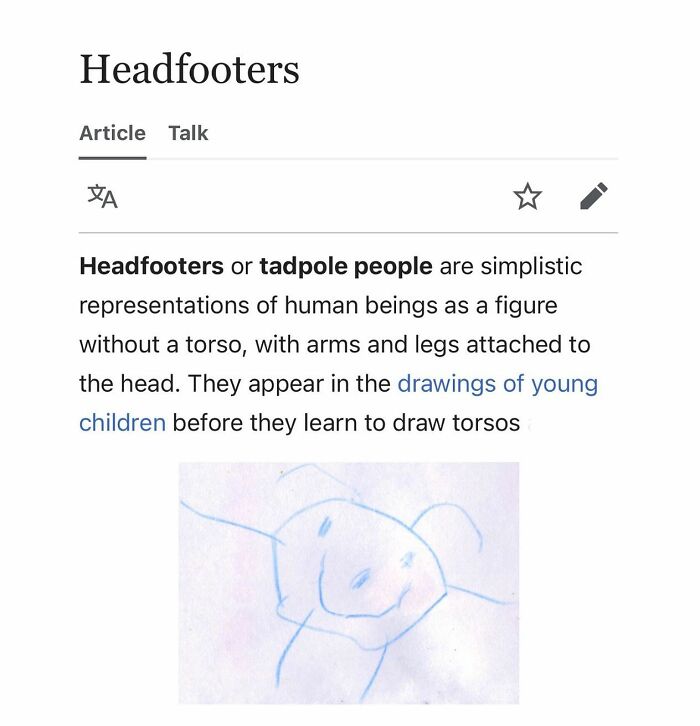 Wikipedia page on headfooters children's simplistic human figure drawings