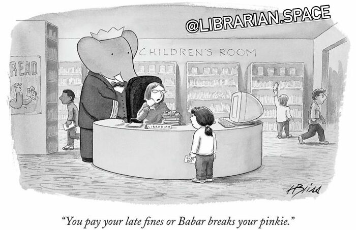 New Yorker Magazine cartoonist creates a clever one-panel comic featuring an elephant and a librarian.