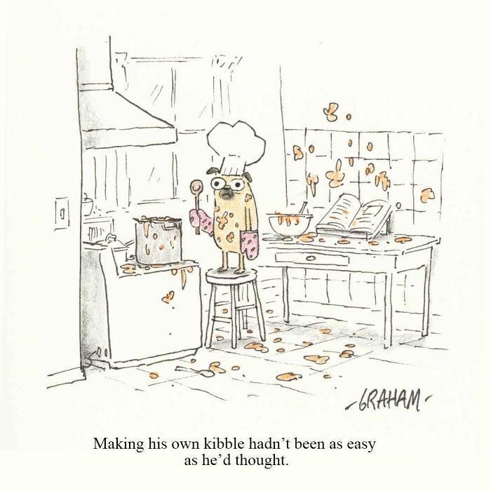 Comic of a dog struggling with making homemade kibble in a messy kitchen