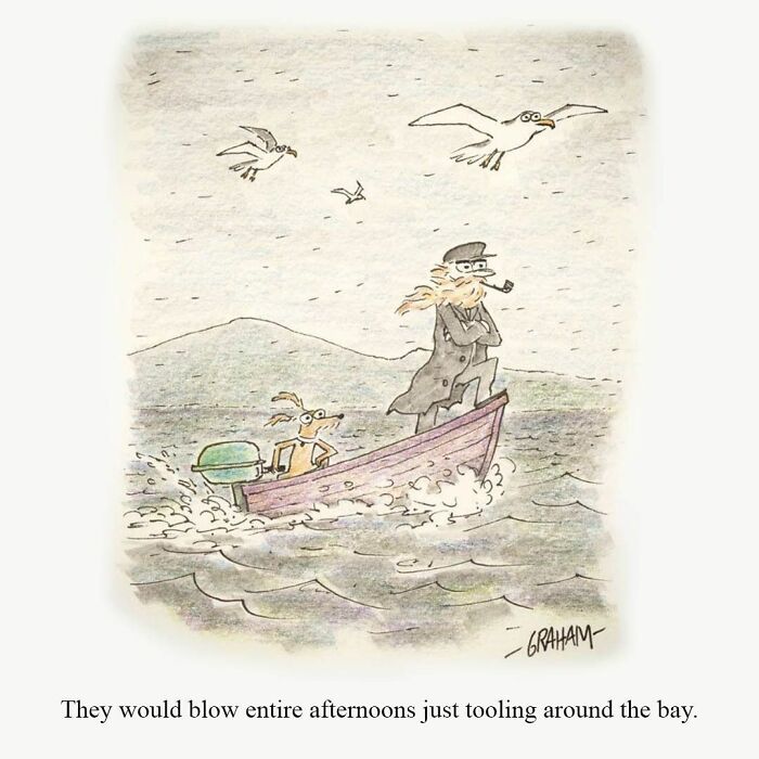Subtle humor cartoon of a man and dog leisurely boating in a bay