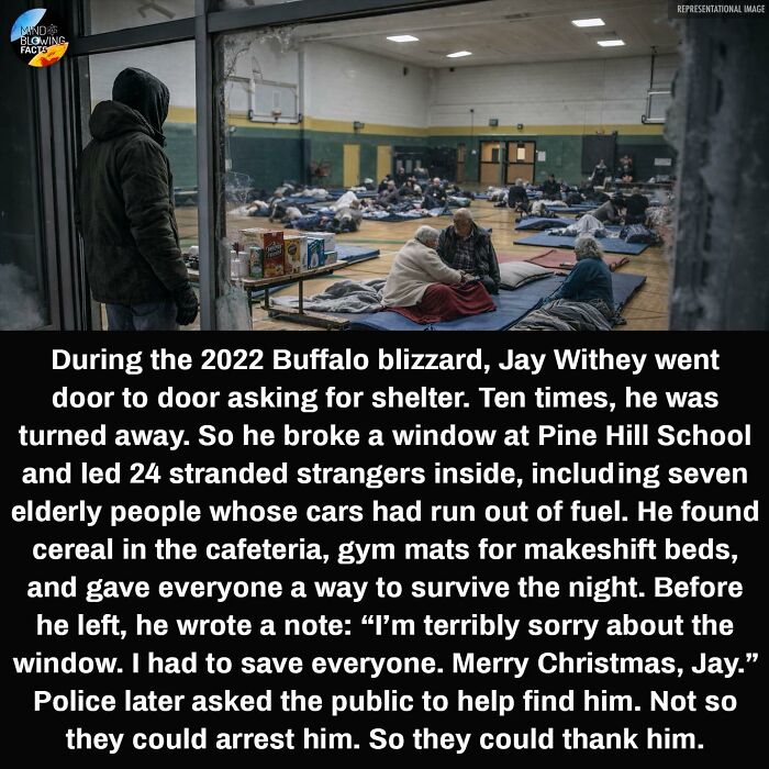 During 2022 Buffalo blizzard, man sheltered 24 strangers in school gym breaking window.