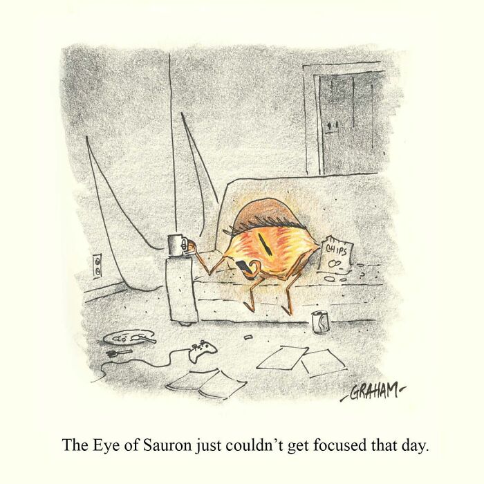 Comic of the Eye of Sauron distracted and unfocused with chips and soda