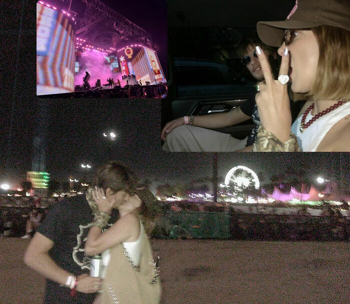Jake Bongiovi and Millie Bobby Brown kissing at nighttime festival