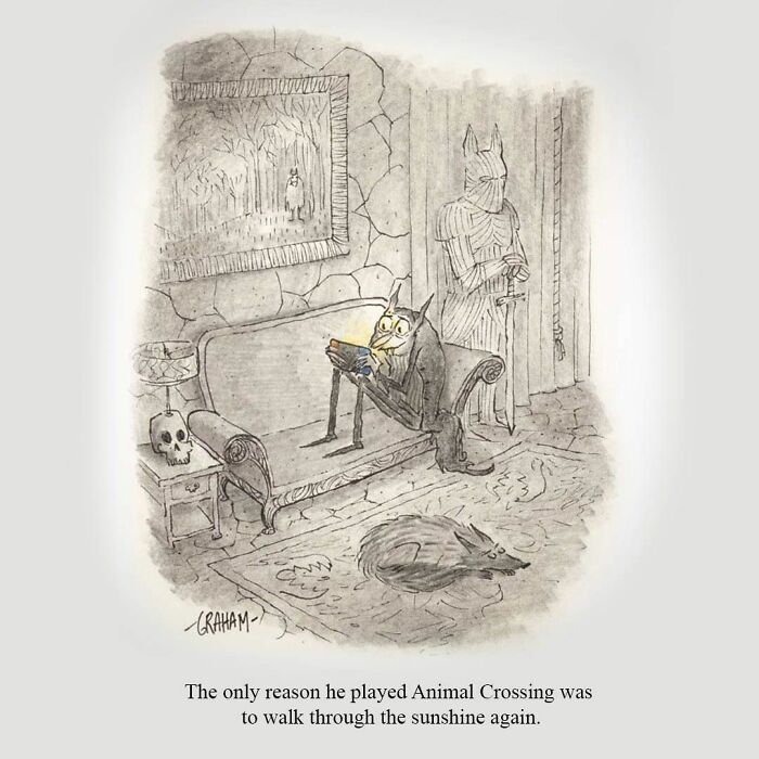 Subtle humor comic showing a bat reading Animal Crossing to experience sunshine again
