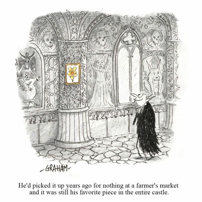 Subtle humor comic of a vampire admiring a flower painting in a gothic castle.