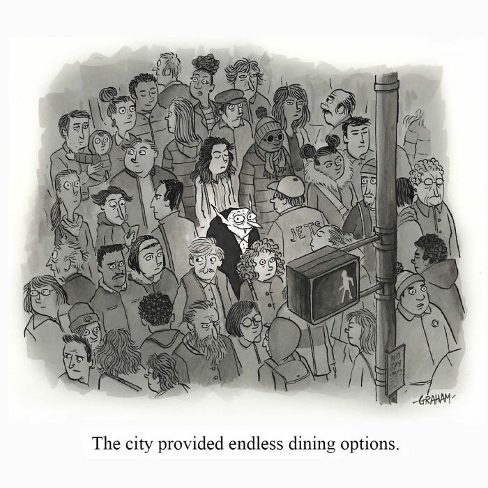 Crowded city scene with owl among people highlighting dining options comic