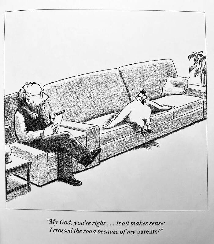 New Yorker Magazine cartoonist creates a clever one-panel comic with a chicken in therapy.