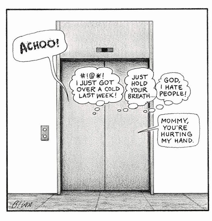 New Yorker Magazine cartoonist creates a clever one-panel comic about an elevator.