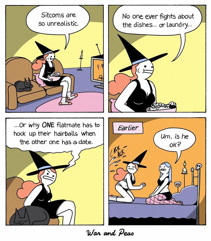 War and Peas comic about unrealistic sitcom situations with witches and hairballs