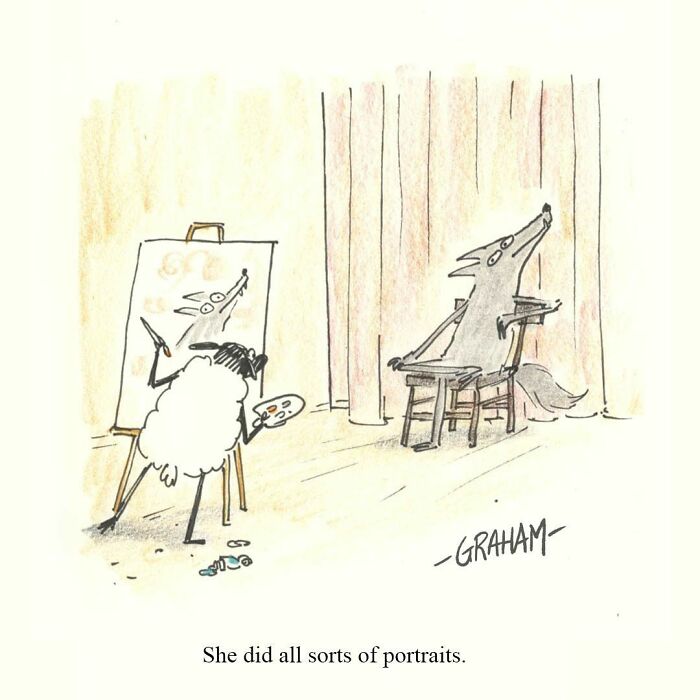 She painting a portrait of a fox sitting as model in subtle humor comic