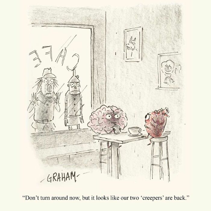 Brain and heart at cafe with two creepers outside in subtle humor comic