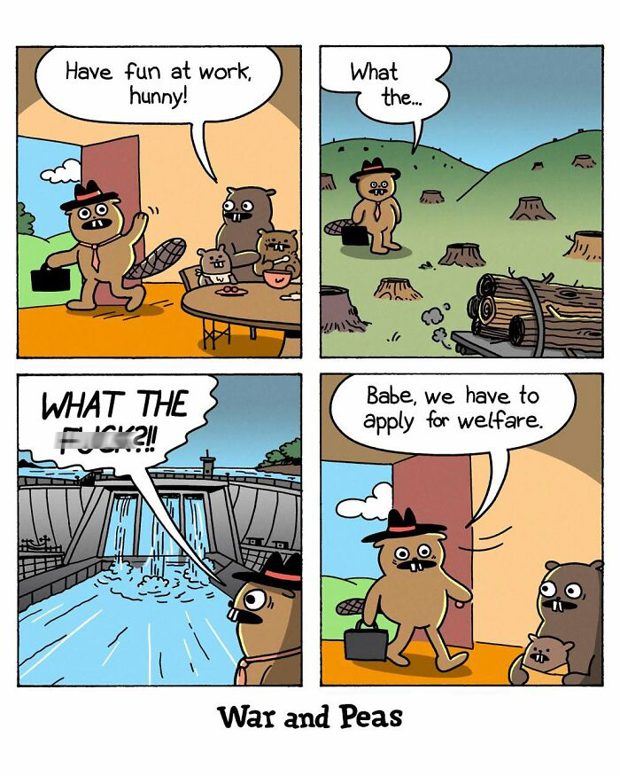 War and Peas comic about beavers facing deforestation and welfare needs.