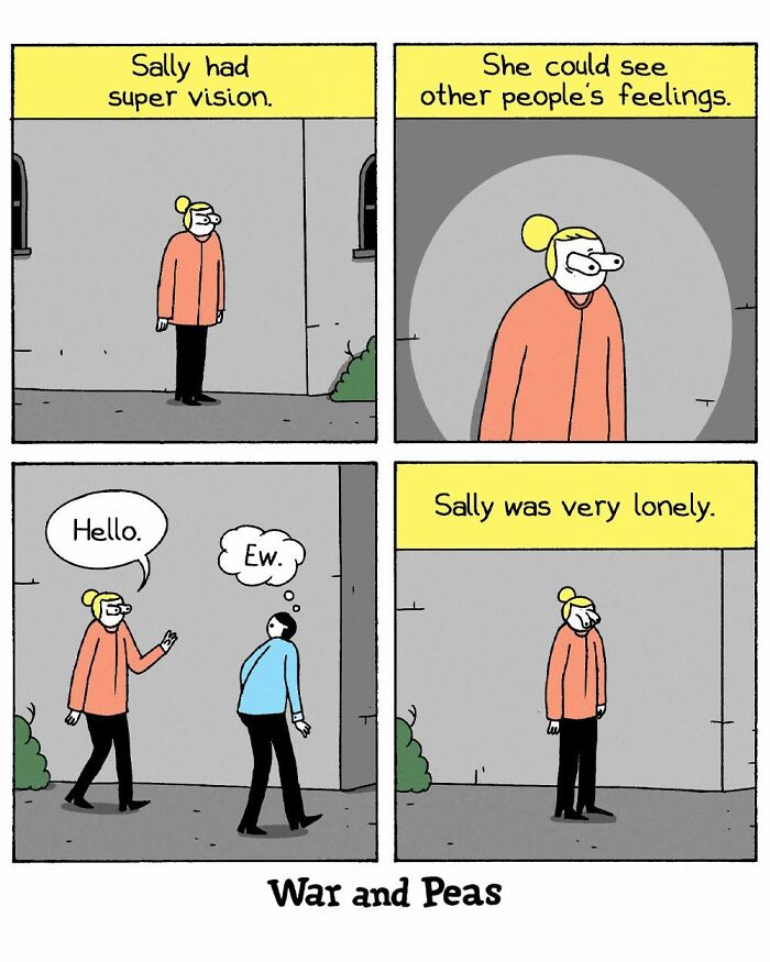 War and Peas comic about Sally with super vision seeing others' feelings and feeling lonely