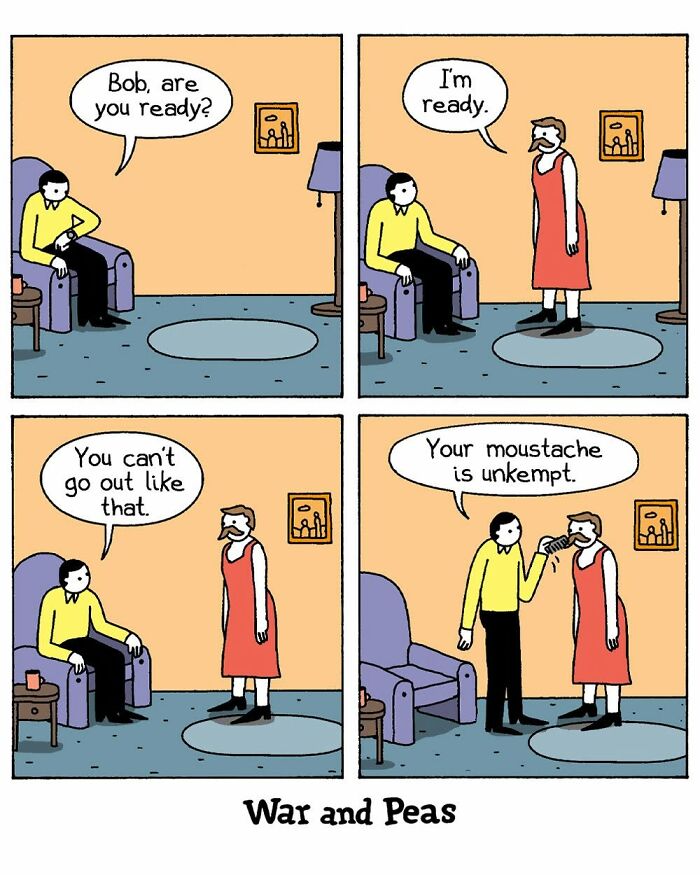 War and Peas comic featuring a man told his moustache is unkempt before going out