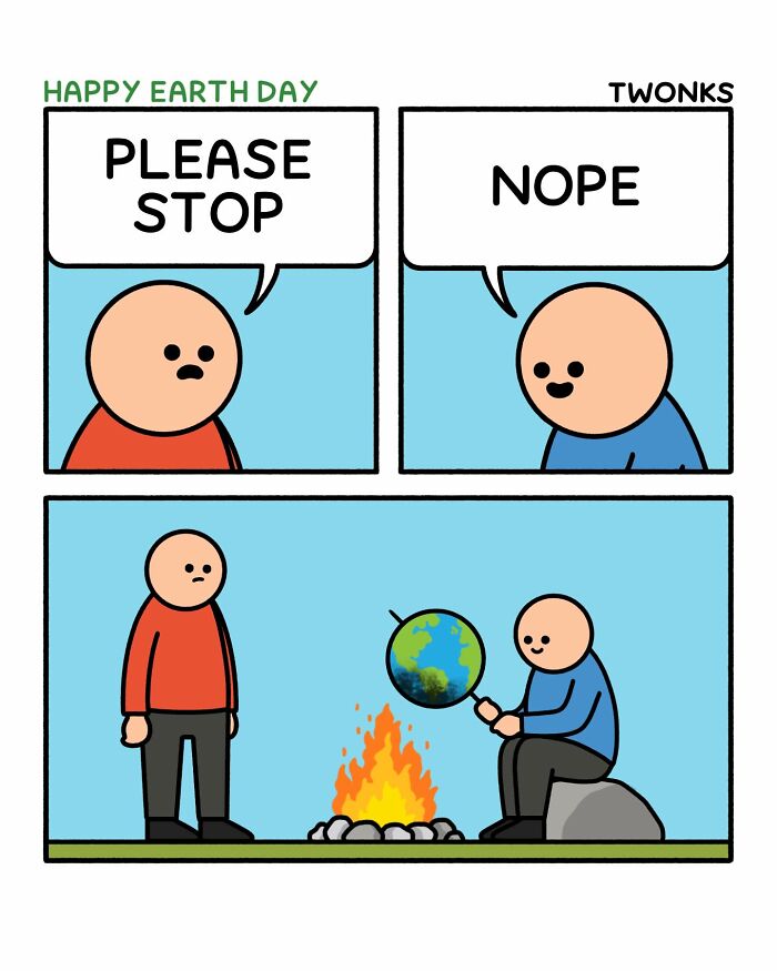 Funny comics by cartoonist Steve Nelson: a person roasts the Earth over a fire on Happy Earth Day.
