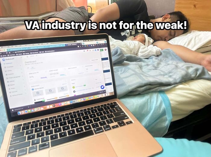 Man and baby sleeping near laptop with text VA industry is not for the weak positive stories
