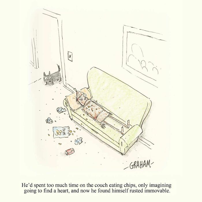 Subtle humor comic showing a robot rusted on a couch after eating too many chips.