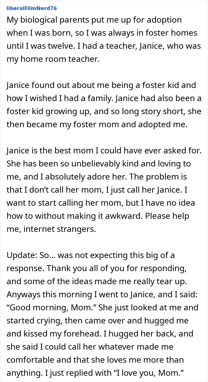 Text post sharing a personal adoption story and challenges with calling foster mom mom