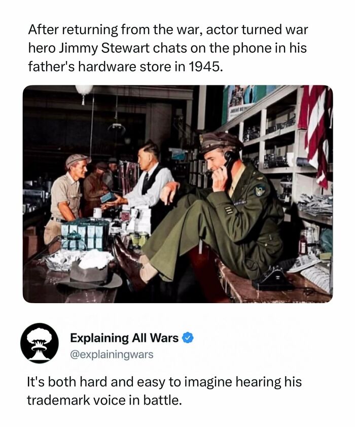 Colorized photo of actor and war hero Jimmy Stewart on the phone in a hardware store in 1945, explaining all wars.