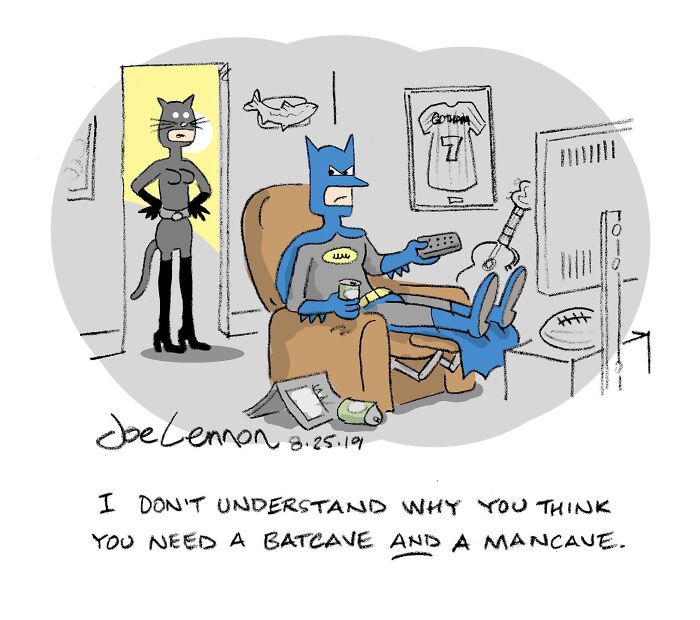 One-panel comic showing batman watching TV while catwoman questions his need for batcave and mancave