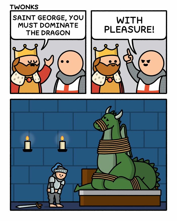 Funny comics by cartoonist Steve Nelson: a knight prepares to dominate a tied-up dragon.