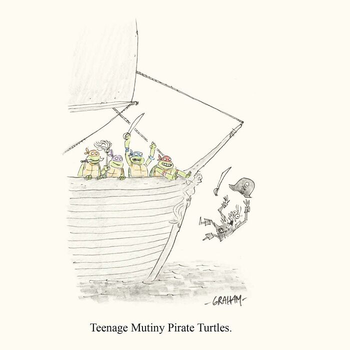 Subtle humor comic of Teenage Mutiny Pirate Turtles throwing a pirate overboard.