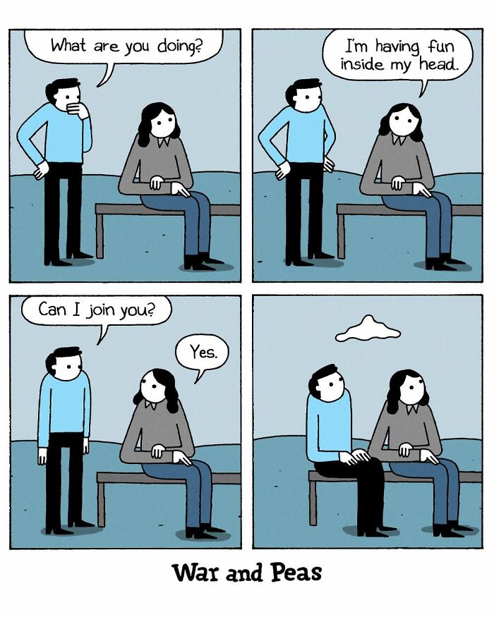 War and Peas comic of two people talking about having fun inside the head and joining