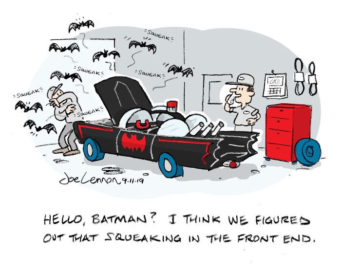 One-panel comic with mechanic diagnosing squeaking sounds in the Batmobile's front end