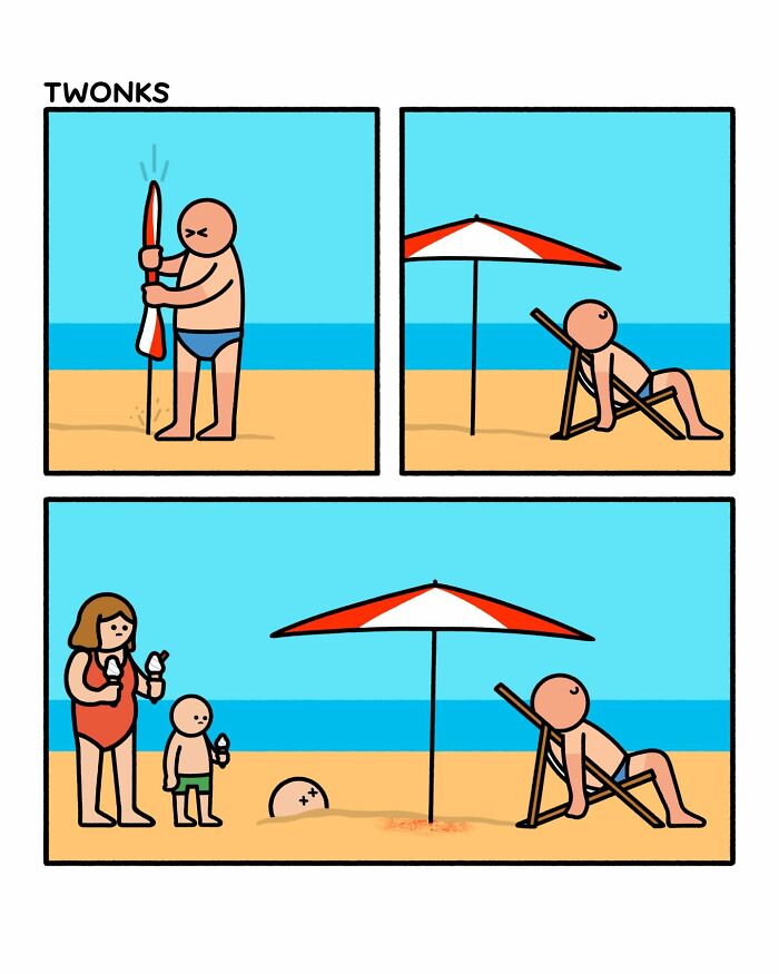 A funny comic by Steve Nelson of a man digging a hole on the beach, and later a woman and child arrive.